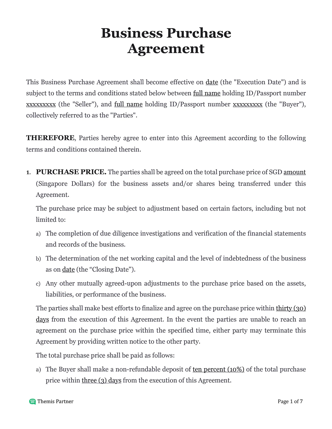 Business purchase agreement Singapore 1