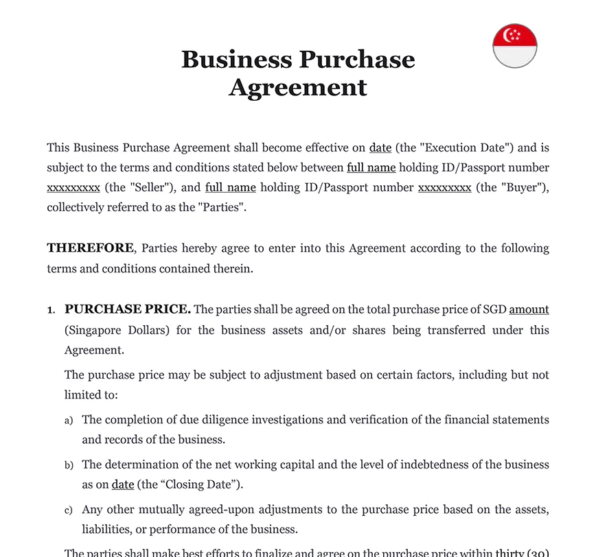 Business purchase agreement Singapore