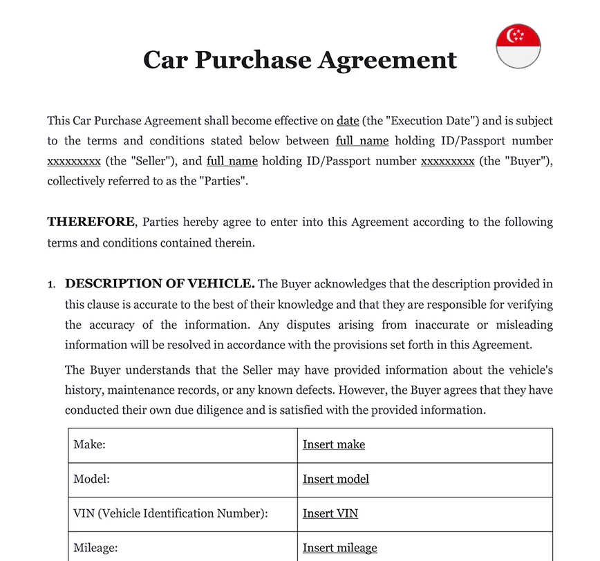 Car purchase contract Singapore