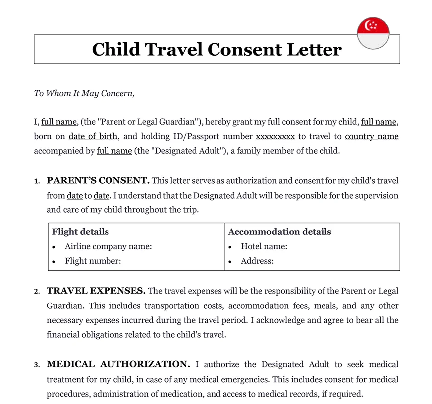 Child travel consent letter Singapore
