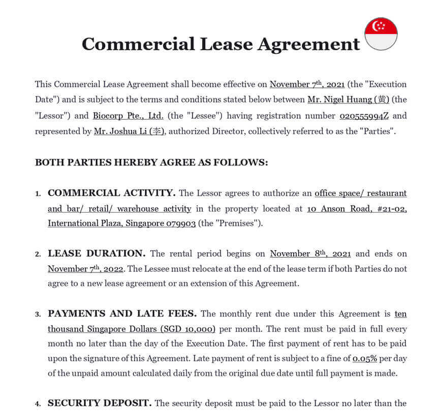 Commercial lease agreement singapore