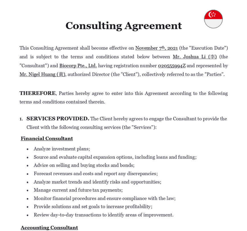 Consulting agreement singapore