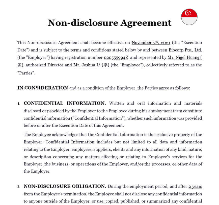 Employee confidentiality agreement singapore