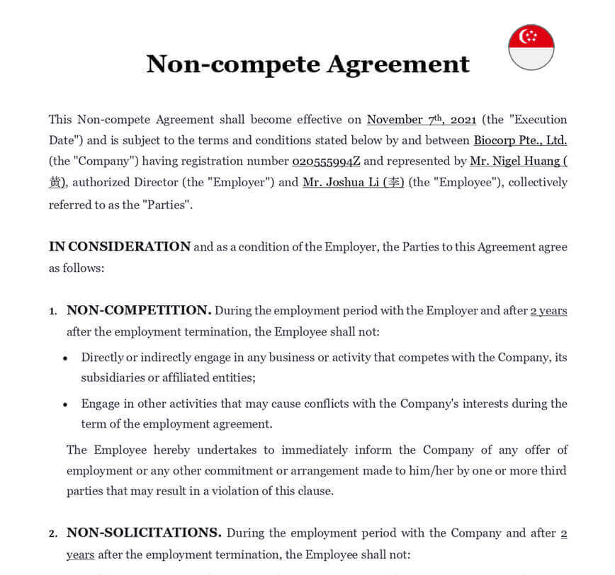 Employee Non compete Agreement in Singapore Download Template