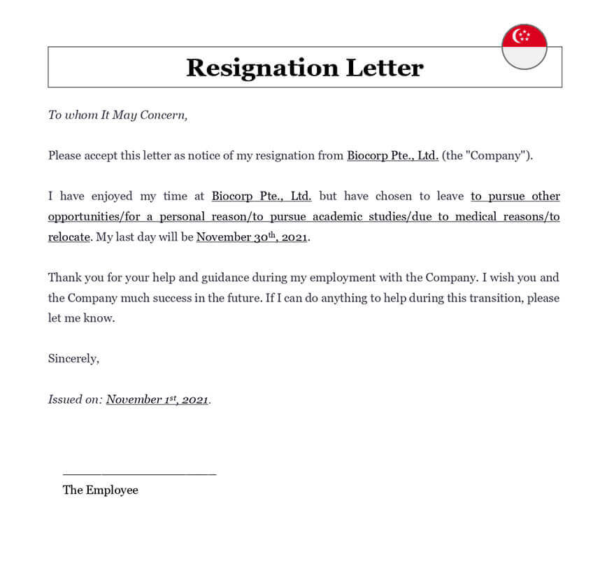 Employee resignation letter singapore