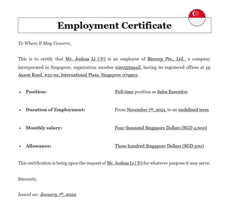 Employment Certification Letter in Singapore | Download Legal Template