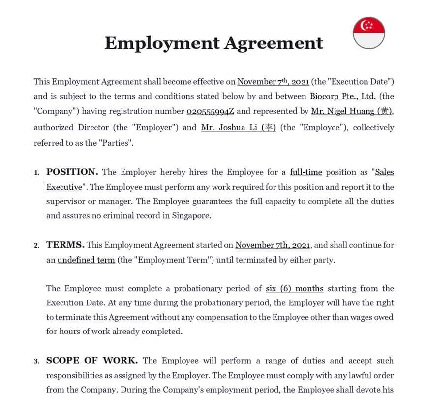 Employment contract singapore