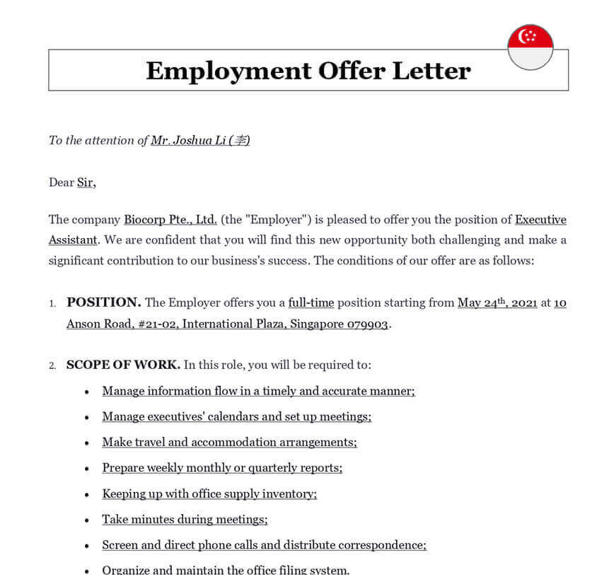 Employment offer letter singapore