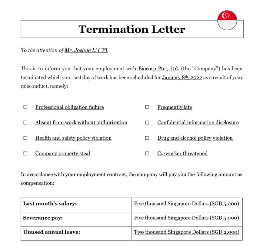 Employment termination letter singapore