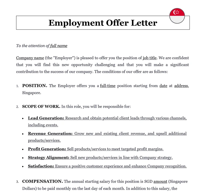 Employment offer letter Singapore