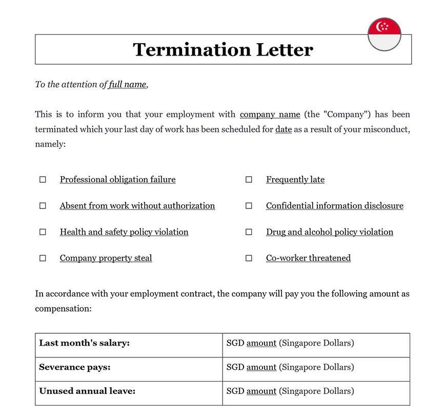 Employment termination letter Singapore