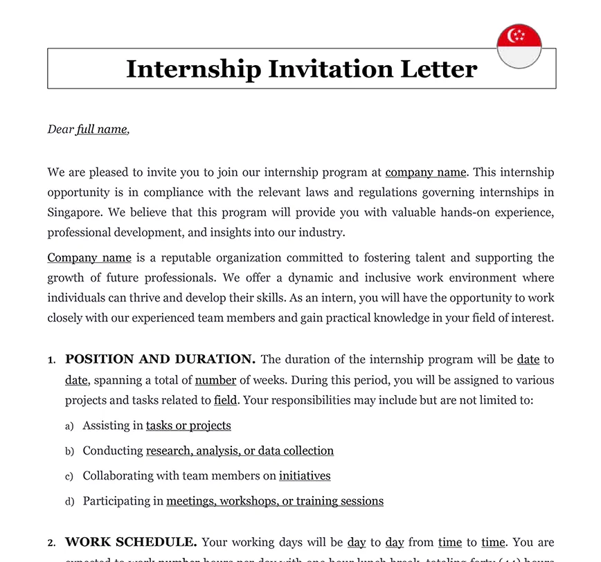 Internship invitation letter Singapore