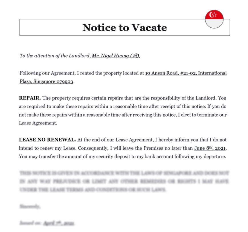 Notice to vacate singapore