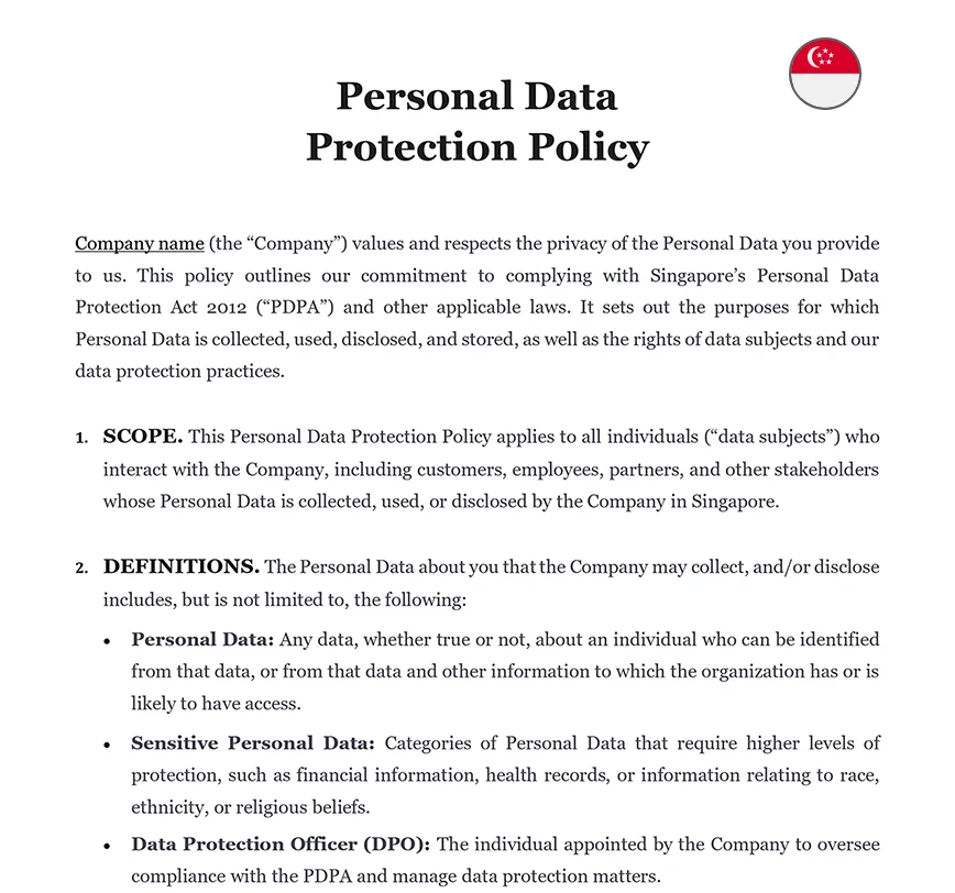 Personal data protection policy Singapore