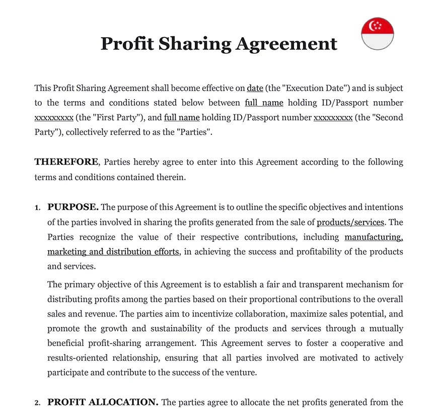 Profit sharing agreement Singapore