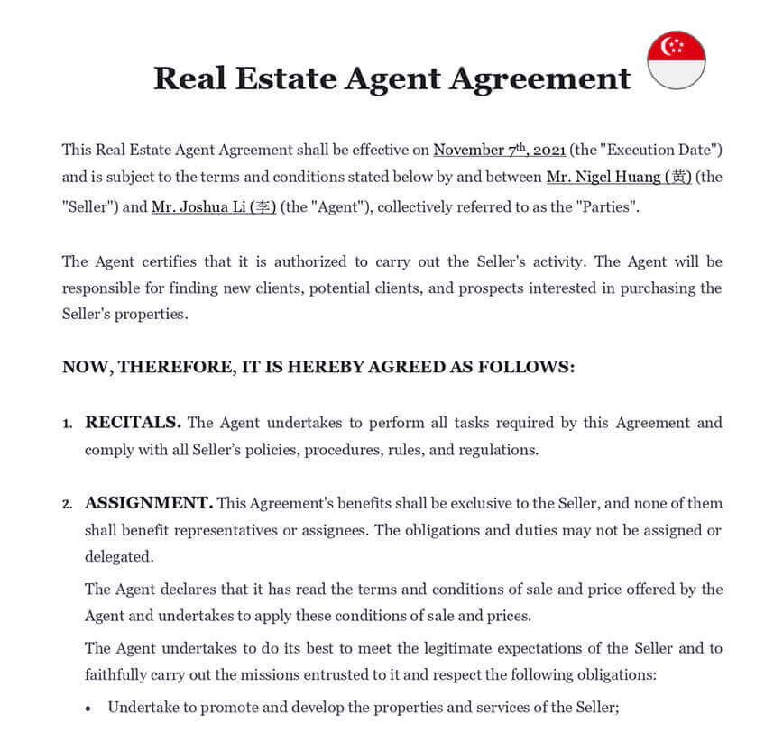 Real estate agent agreement singapore