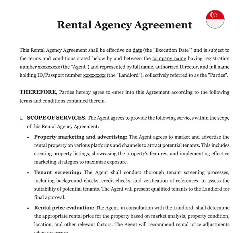 Rental agency agreement Singapore