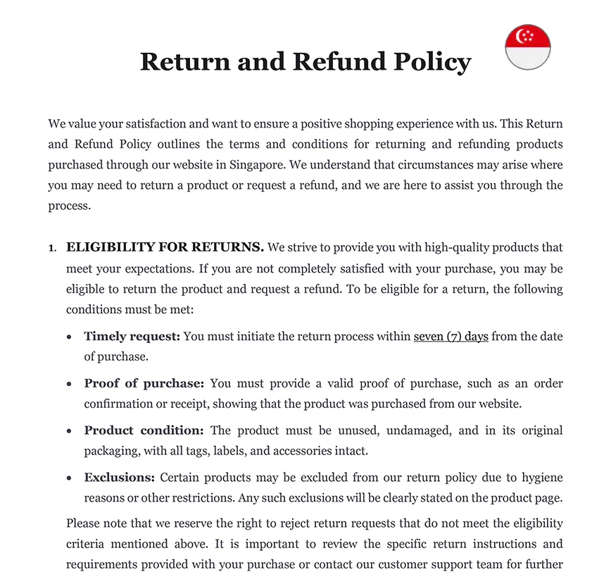 Return and refund policy Singapore