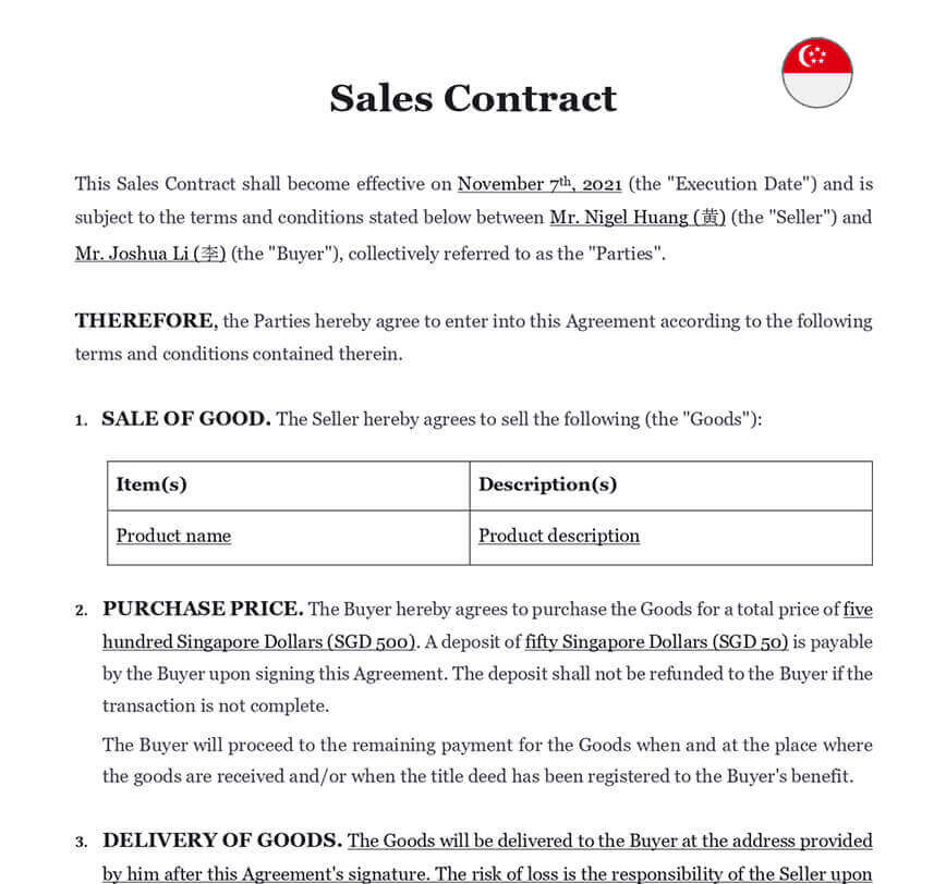 Sales contract singapore