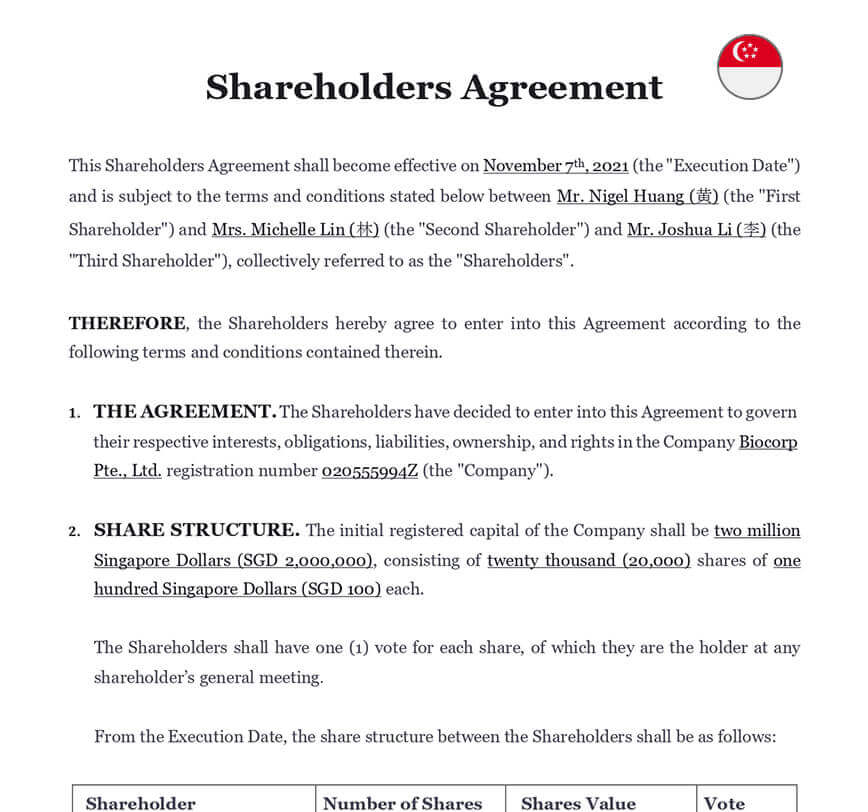 Shareholders agreement singapore