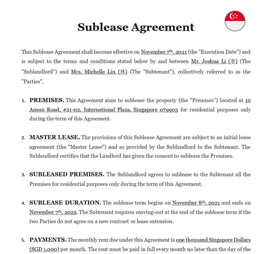 Sublease agreement singapore